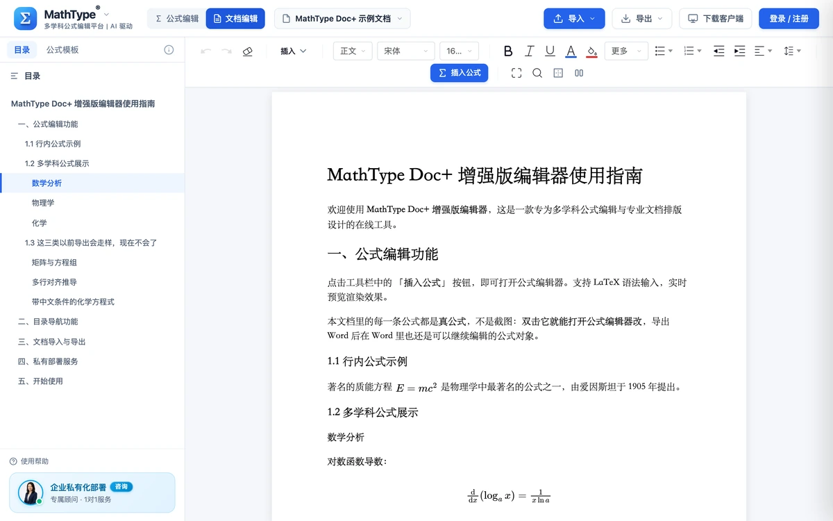 文档工作区：左栏是目录与公式模板双页签，右侧正文里公式与文字连着排